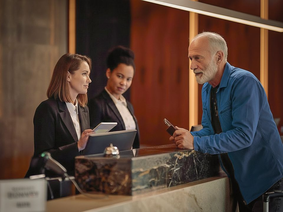 Gast im Gespräch mit zwei Mitarbeiterinnen an der Hotelrezeption