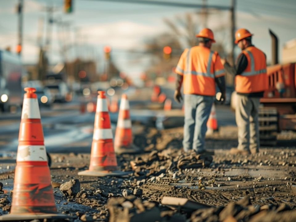 Straßenbaustelle mit Leitkegeln und zwei Arbeitern in Warnkleidung
